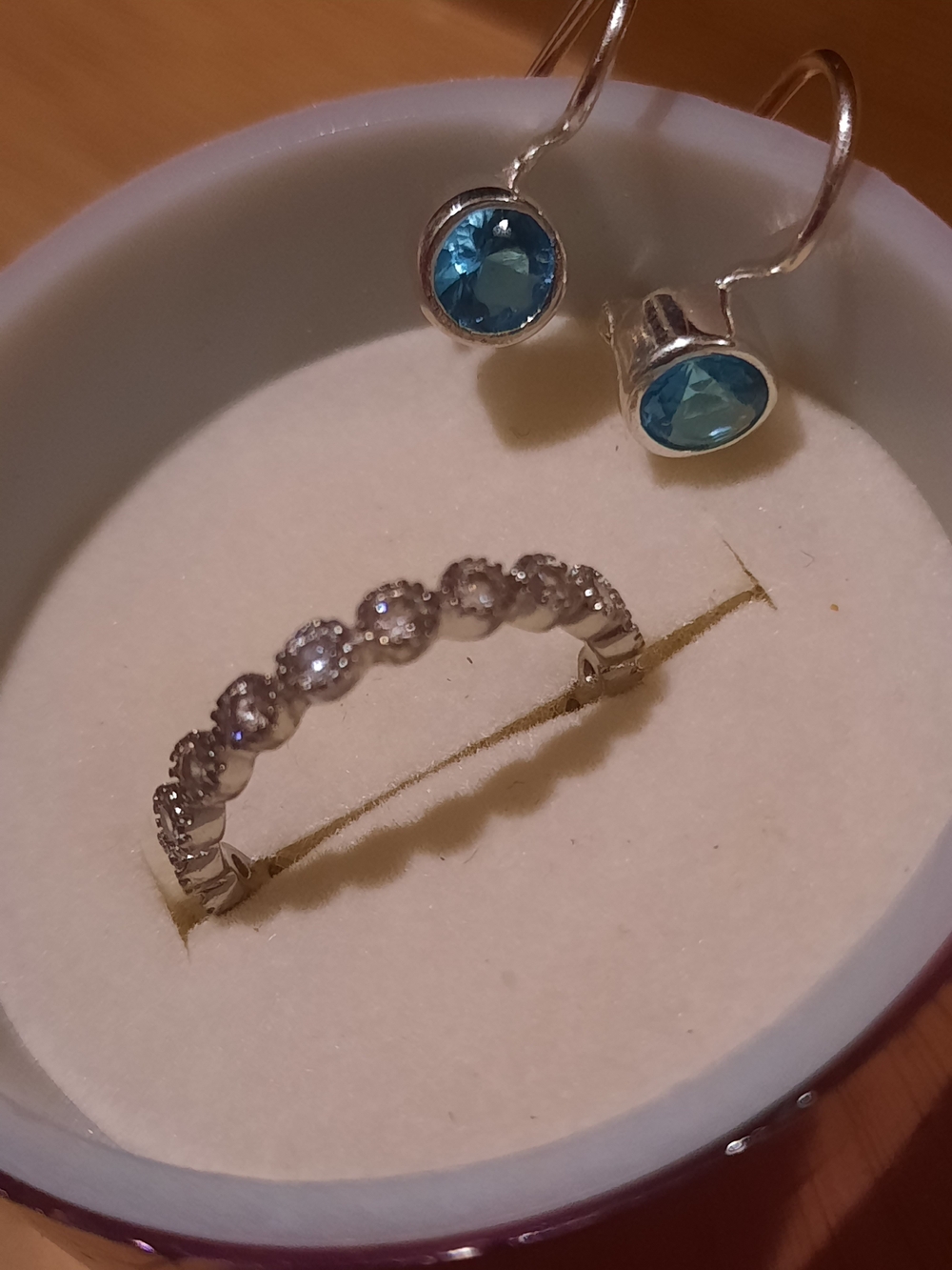 Genuine Blue Topaz Solitaire Drop Earrings CZ Eternity Ring SZ 5 Set Rhodium